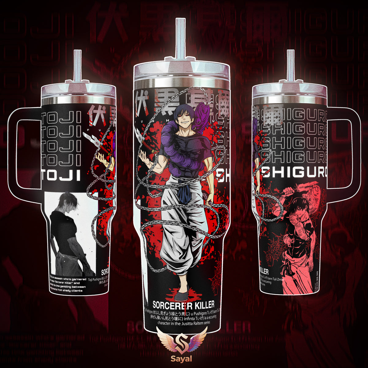 Toji Fushiguro Sorcerer Killer JUJUTSU KAISEN ANIME Graphic Sayal 40 oz Vacuum Insulated Cup Straw Keeps Drinks Hot Cold 12H+ For Anime Lovers & Aesthetic Vibes Cursed Spirit Style Splash-Proof 18/8 Comfort Handle Mug For Fans
