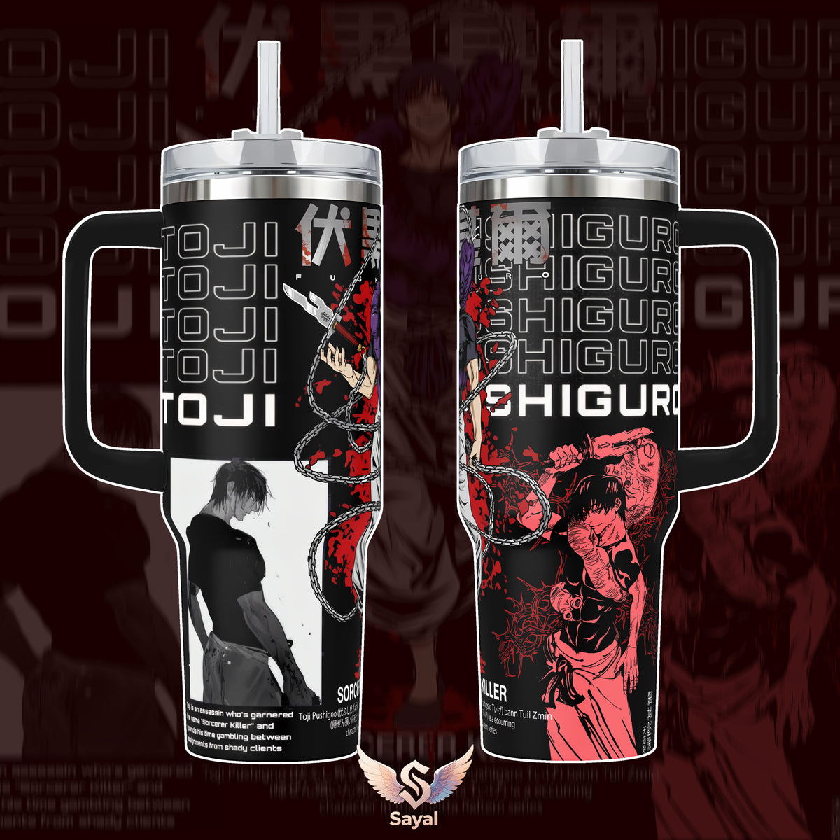 Toji Fushiguro Sorcerer Killer JUJUTSU KAISEN ANIME Graphic Sayal 40 oz Vacuum Insulated Cup Straw Keeps Drinks Hot Cold 12H+ For Anime Lovers & Aesthetic Vibes Cursed Spirit Style Splash-Proof 18/8 Comfort Handle Mug For Fans